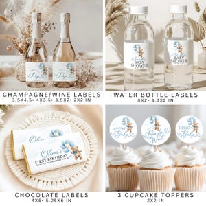 May include: A collection of baby shower party supplies. Includes champagne/wine labels, water bottle labels, chocolate labels, and cupcake toppers. Designs feature a teddy bear with blue balloons. Measurements are provided in inches.