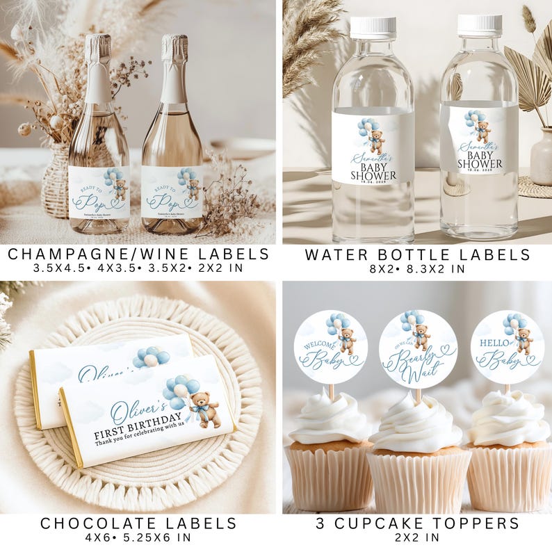 May include: A collection of baby shower party supplies. Includes champagne/wine labels, water bottle labels, chocolate labels, and cupcake toppers. Designs feature a teddy bear with blue balloons. Measurements are provided in inches.