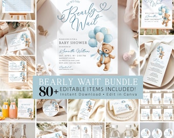 Puede incluir: Un conjunto de papelería digital para baby shower con un osito de peluche sosteniendo globos azules y crema. El texto incluye "Oh We Can Bearly Wait", "Baby Shower" y "Samantha Williams", con detalles del evento, menús y juegos.