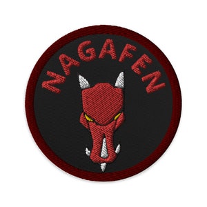 May include: A red embroidered patch with a black background and a red dragon head with white horns and yellow eyes. The text "NAGAEN" is embroidered in white around the dragon head.
