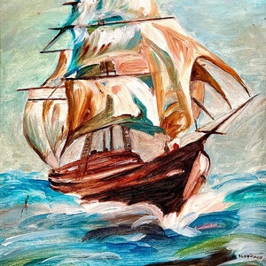 Oil painting of ship on the seas, reproduction archival Giclee / pigment print, vintage painting from mid-to late 20thC.