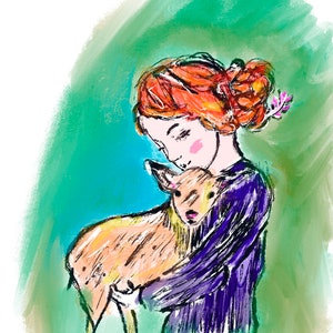 girl with fawn, lamb, deer, and original illustration, giclee print