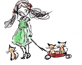 girl with wagon of cats, and original illustration, giclee print