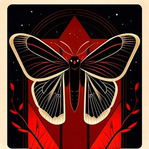 Red, black moth,  butterfly, original graphic illustration, Giclee print, art deco