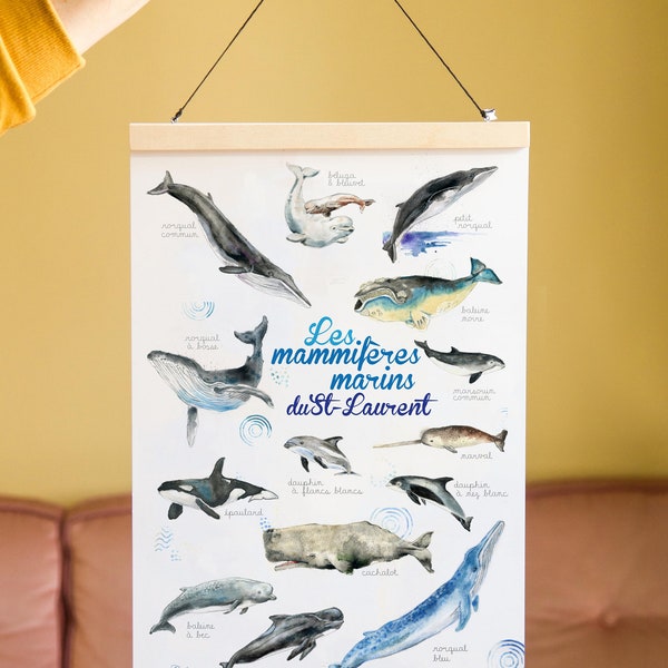 Affiche Les baleines aquarelle fait à la main pour adulte ou enfant par Cathy Faucher illustration