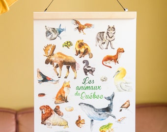 Affiche abecedaire des animaux du Québec pour enfant ou adulte par Cathy Faucher illustration alphabet lettering du Canada fait au Québec