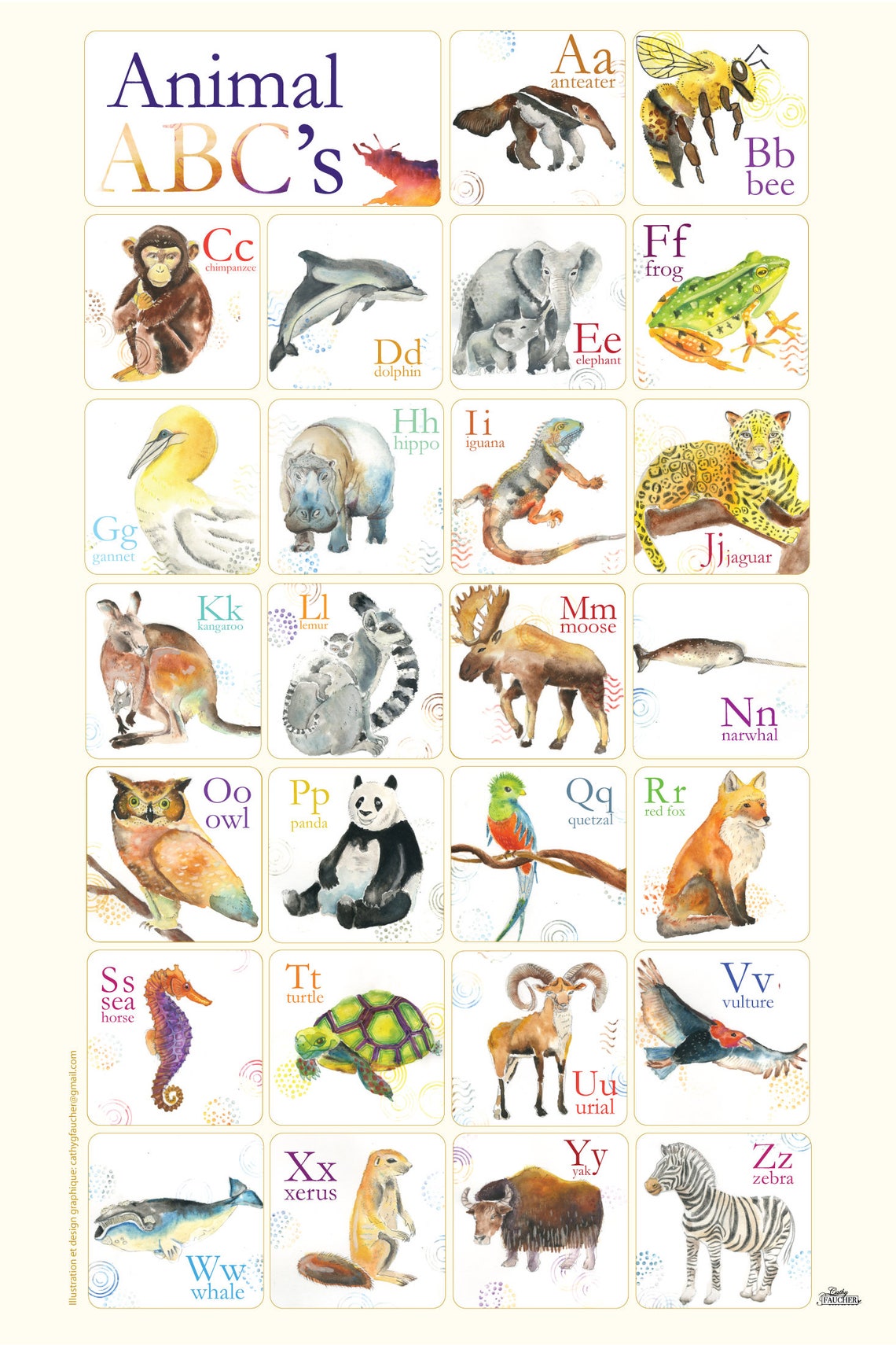 Affiche abécédaire des animaux en anglais pour enfant Cathy Etsy France