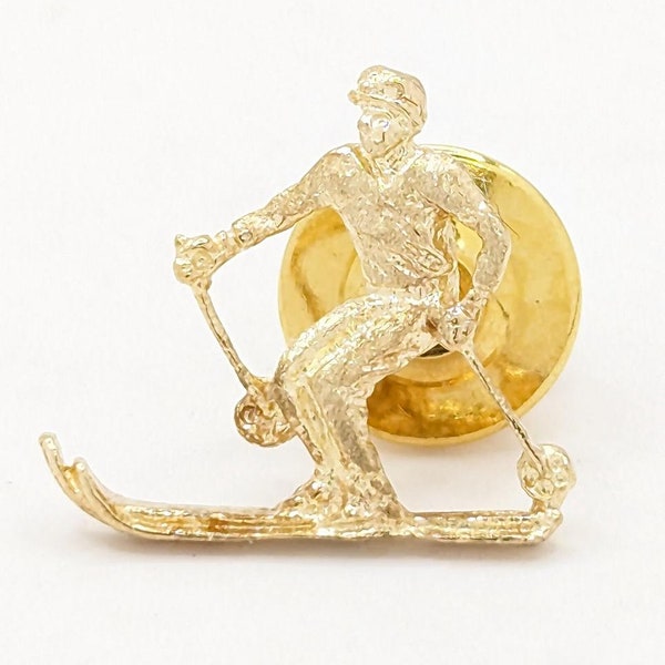 14K 1.2g Solid Yellow Gold Olympic Skiing Decathlon Snow Winter Games Pin Brooch
