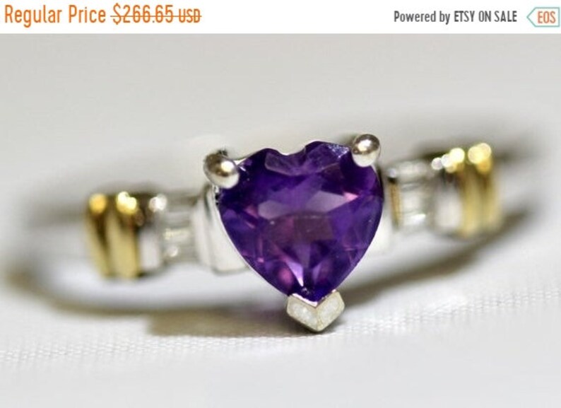 ON SALE 10K Solid 2-Tone Yellow and White Gold Heart Shaped Amethyst /& Diamond Ring Size 7 February Birthstone