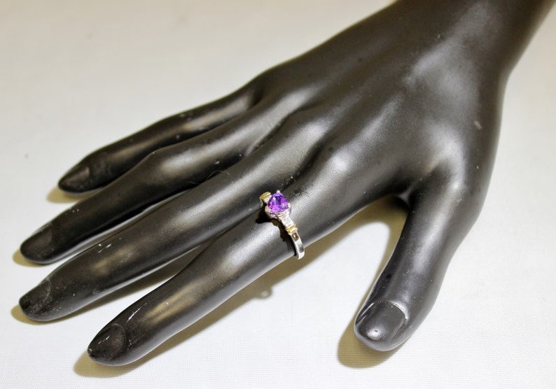 ON SALE 10K Solid 2-Tone Yellow and White Gold Heart Shaped Amethyst /& Diamond Ring Size 7 February Birthstone