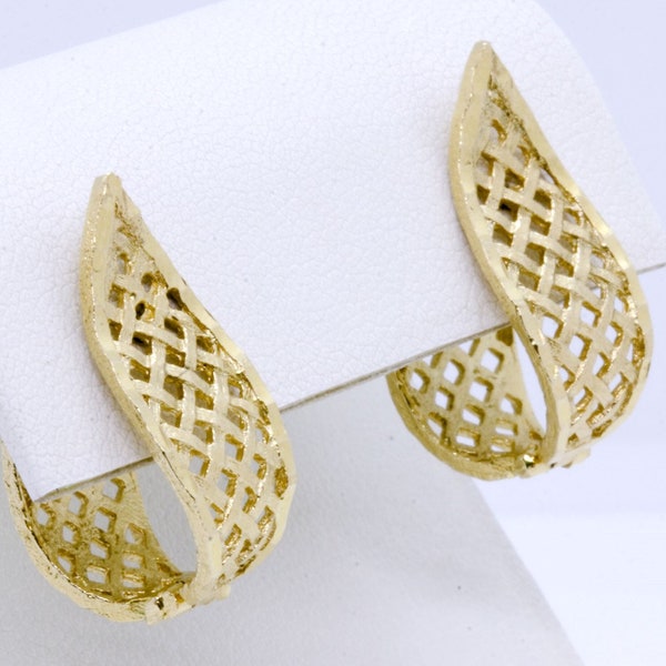 14K Solid Yellow Gold Diamond Cut Basket Weave Woven Crisscross Intersecting Unique Huggie Hoop Earrings