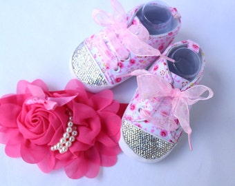 Ready to ship Baby Booties+Headband hair Pink/magenta Girl First Shoes Newborn Birth Gift Baby Fashion