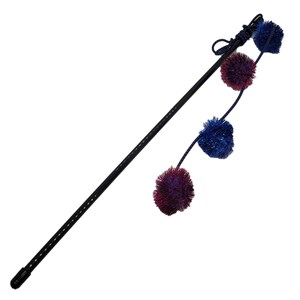 May include: A black wand with four colorful pom-poms attached to it. The pom-poms are blue and purple with a glittery finish.