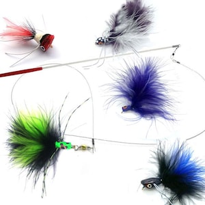 May include: A cat toy set featuring a thin metal wand with a red handle and a long wire attachment. Four distinct feather lures are included, coloured in red and white, black and white, solid purple, and a mix of neon green, black, and blue.