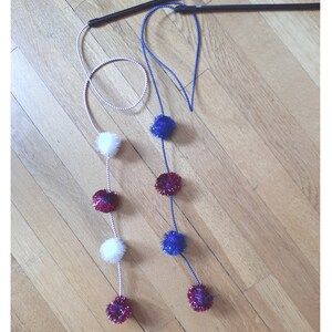 May include: Two cat toys with strings and pom-poms. One string has white, red, and purple pom-poms. The other string has blue and red pom-poms.