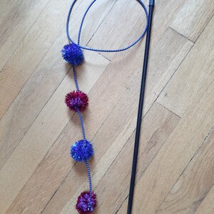 May include: A black wand with a blue and white string attached to it. Four pom-poms are attached to the string, two are blue and two are red.