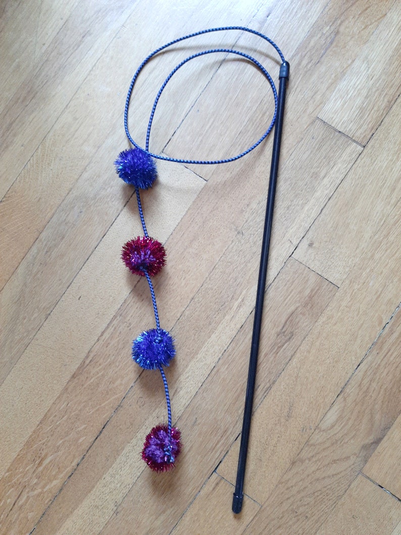 May include: A black wand with a blue and white string attached to it. Four pom-poms are attached to the string, two are blue and two are red.