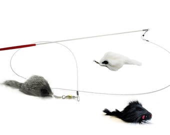 Różdżka do zabawy dla kota z długim futrem i myszką