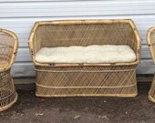 Vintage Mid Century Modern Boho Wicker Rattan Peacock Chair Couch And Chairs SET