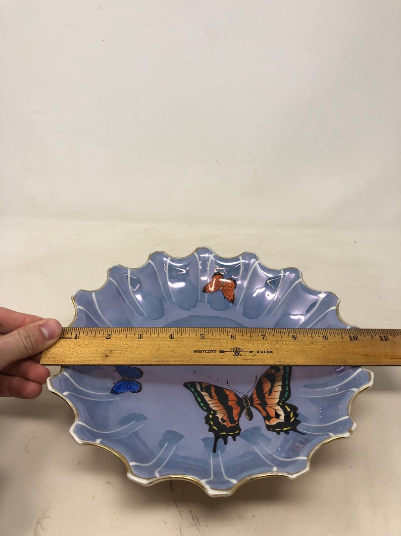 Vintage Noritake Lusterware Peach w Blue Butterflies Bowl 10\u201d Mid Century