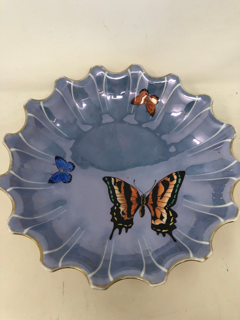 Vintage Noritake Lusterware Peach w Blue Butterflies Bowl 10\u201d Mid Century