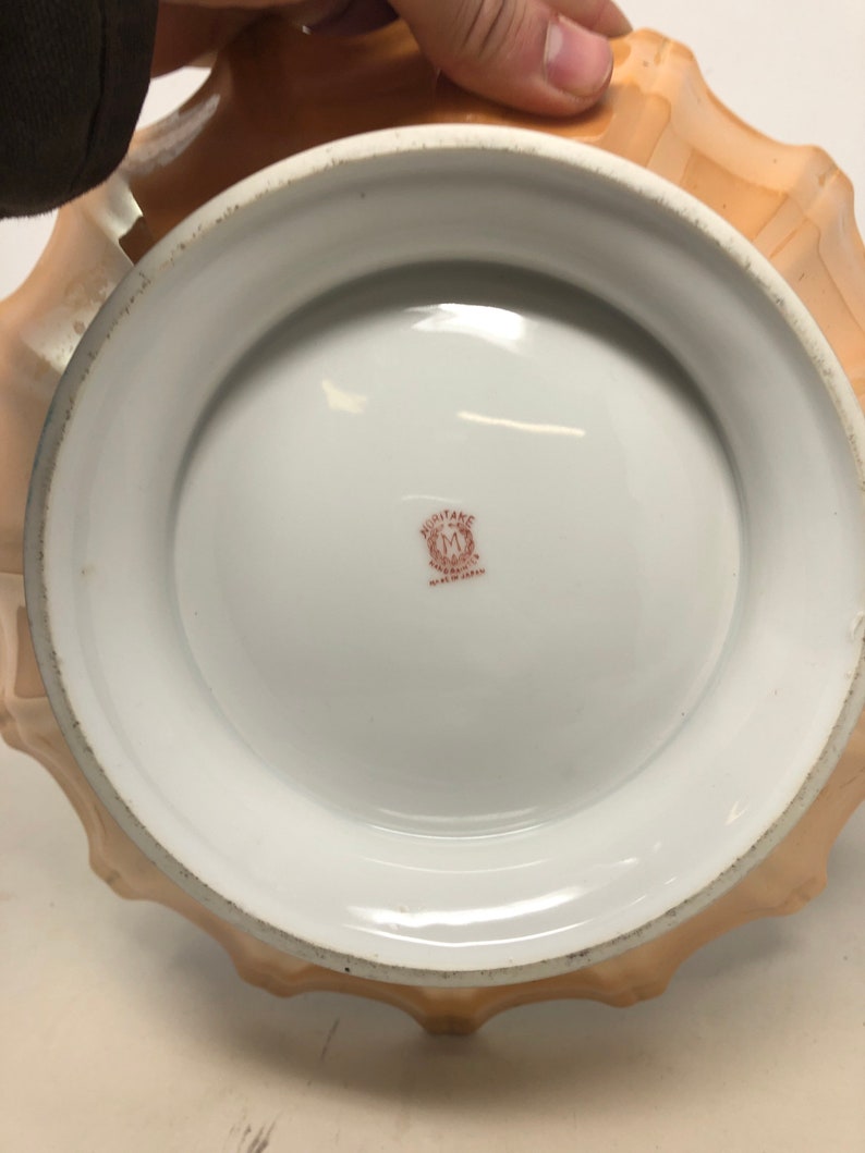 Vintage Noritake Lusterware Peach w Blue Butterflies Bowl 10\u201d Mid Century