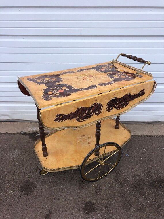 Vintage Italian Rolling Tea Beverage Trolley Cart Wood Inlay Etsy