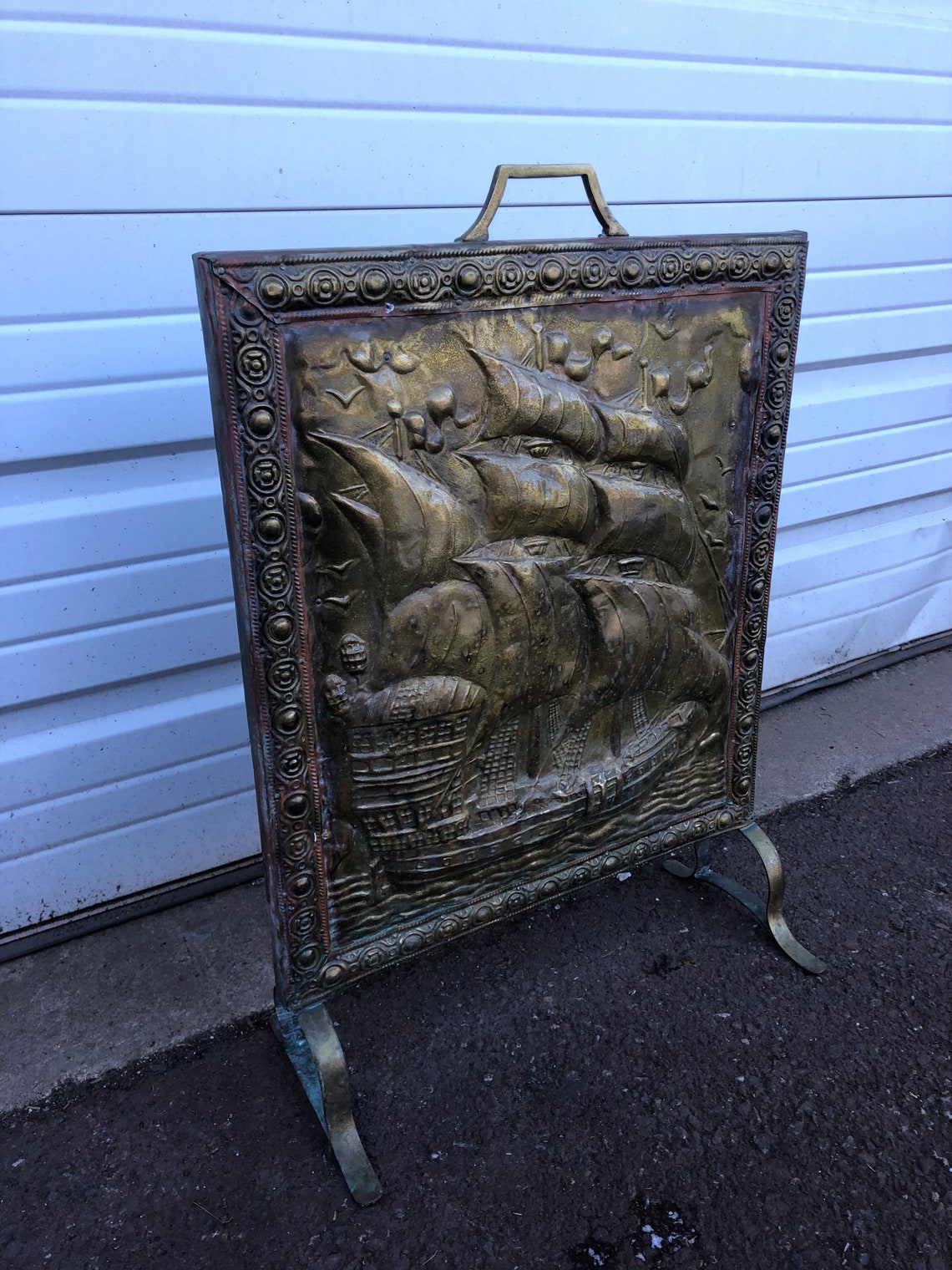 Antique Hammered Brass Fireplace Fire Screen With A Ship Etsy