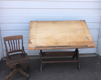 Vintage J.H. Weil Co Wood And Cast Iron Drafting Table Old Industrial Decor