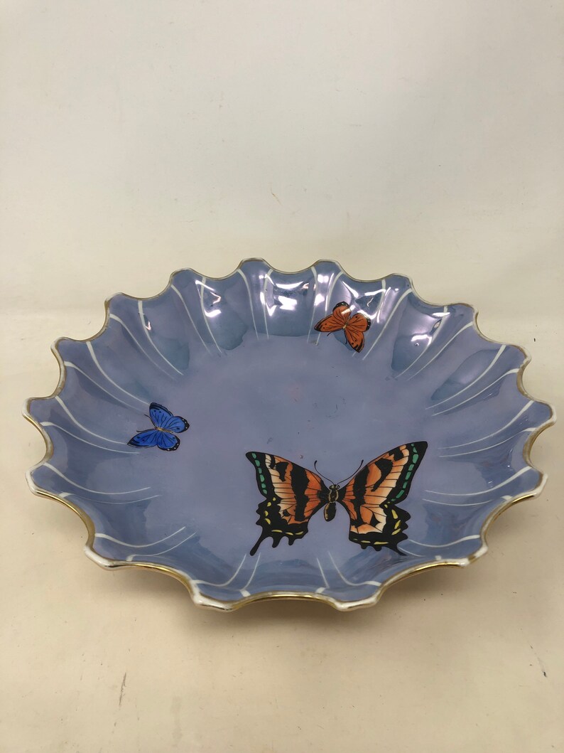 Vintage Noritake Lusterware Peach w Blue Butterflies Bowl 10\u201d Mid Century