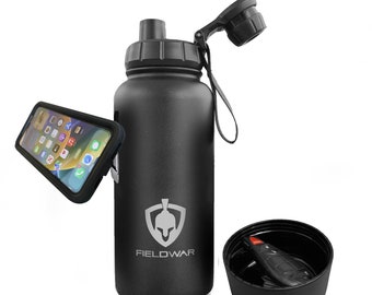 Fieldwar 32oz Insulated Steel Bottle with Bottom Storage Container & Magnetic Phone Mount /Shoot Video or Pictures/ For School, Work, or Gym