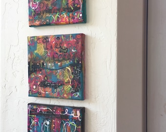 Graffiti mixed media 3 canvas set, colorful painting set, paper, paint, canvas, original painting, modern art