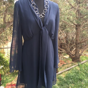 Classic dark blue chiffon dress, ruffle chiffon, theambersquirrel, long sleeves, vintage chiffon dress image 3