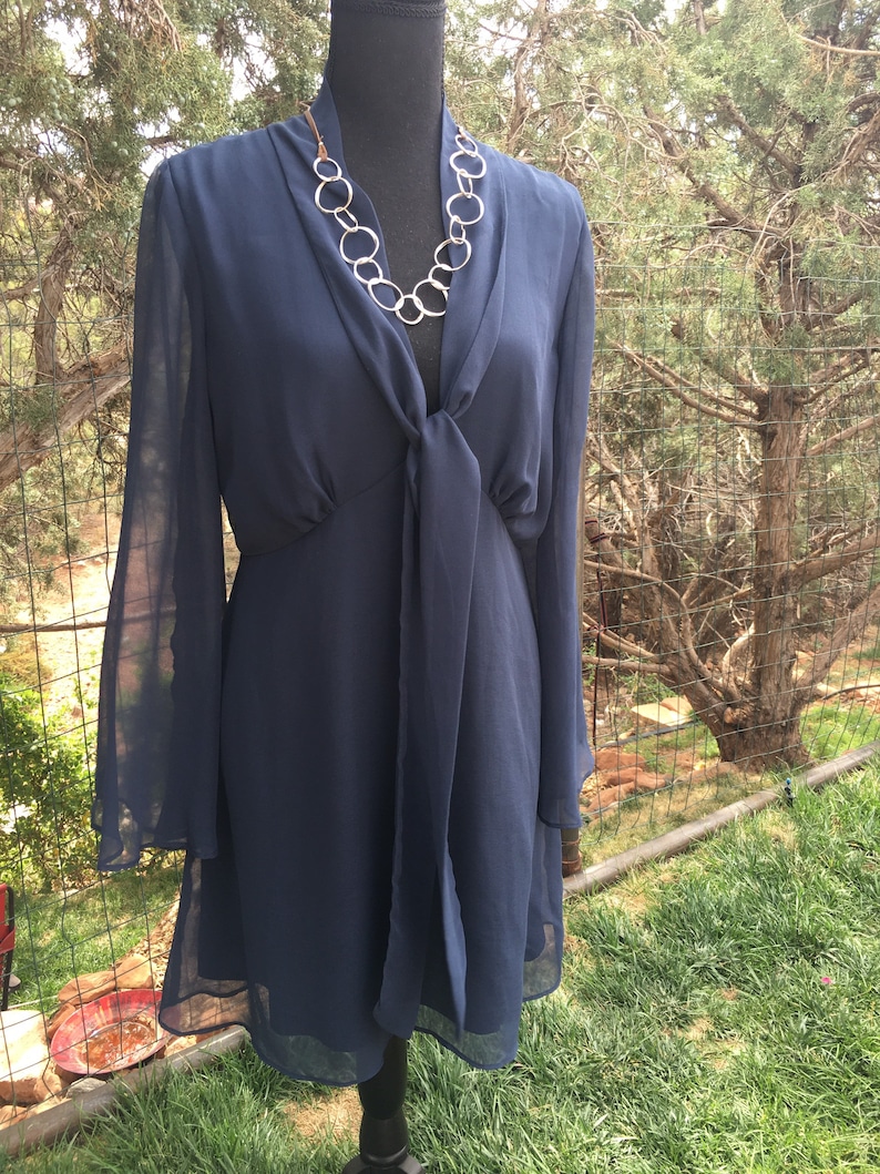 Classic dark blue chiffon dress, ruffle chiffon, theambersquirrel, long sleeves, vintage chiffon dress image 3