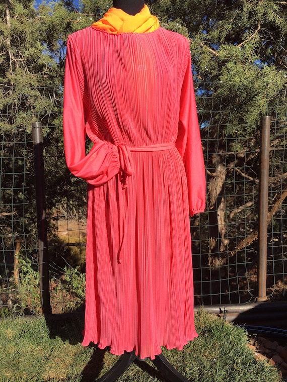 1970s coral chiffon dress, made in USA, union lab… - image 1