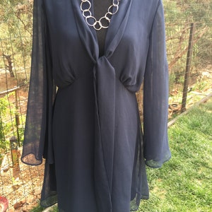 Classic dark blue chiffon dress, ruffle chiffon, theambersquirrel, long sleeves, vintage chiffon dress image 4