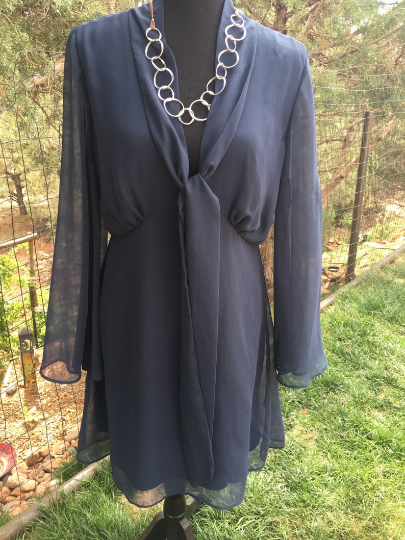 Classic dark blue chiffon dress, ruffle chiffon, theambersquirrel, long sleeves, vintage chiffon dress image 4