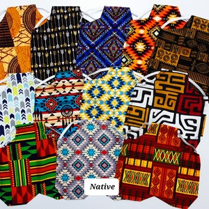 May include: A collection of 12 fabric face masks with various geometric and tribal patterns in shades of blue, red, yellow, orange, green, black, and white. The masks are arranged in a circle with the word "Native" in the center.