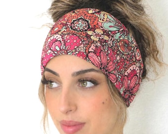 Boho Scrunchy Headband, Floral Hippie Headband, Wide Yoga Headband, Bandana Headband, Women Hair Accessories, Red Knot Headband, Turban