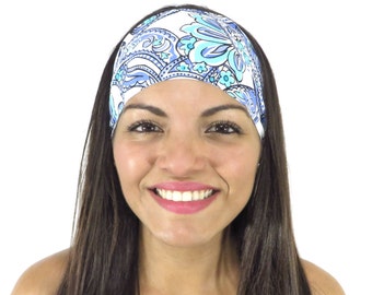 Running Headband, Yoga Headband, Wide Workout Headband, Blue White Headband, Fitness Headband, Bohemian Women Turban, No Slip Headband S180