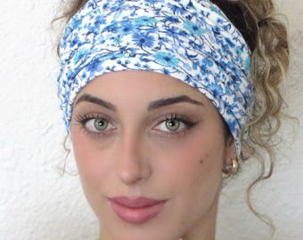 Boho Scrunchy Headband, Hippie Wide Headband, Yoga Headband, Bandana Headband, Women Turban, Tube Headband, Hair Accessories, Blue Headband