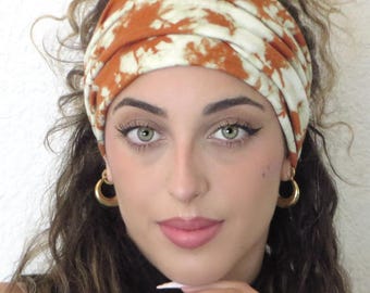 Tie Dye Boho Scrunchy Headband, Wide Yoga Headband, Knot Headband, Hippie Headband, Women Headband, Brown Turban, Head Wrap, Hair Scarf