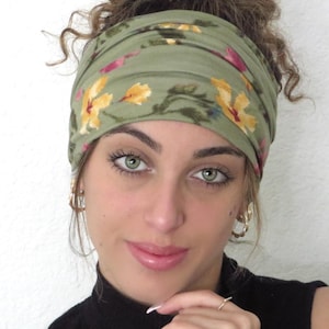 Boho Scrunchy Headband, Hippie Wide Headband, Yoga Headband, Bandana Headband, Women Turban, Sage Floral Headband, Hair Accessories