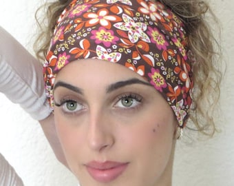 Orange Floral Headband, Scrunch Boho Headband, Wide Yoga Headband, Nylon Spandex Double Layer Headband, Head Wrap, Women Hair Scarf,