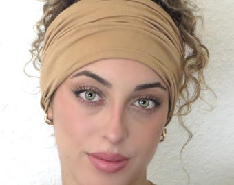 Camel Brown Tube Headband, Extra Wide Scrunchy Headband, Yoga Headband, Running Headband,  Wide Turban, Head Wrap, Hair Scarf, Hair Band