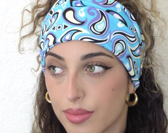 Aqua Paisley Headband, Wide Boho Headband, Stretchy Headband, Scrunch Headband, Double Layer Headband, Head Wrap, Hair Scarf, Women Headband