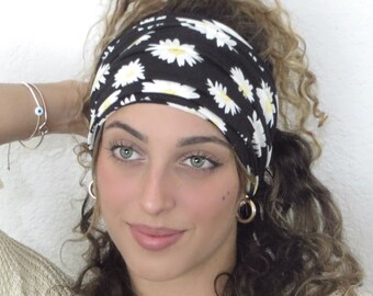 Floral Daisy Boho Headband, Black Headband, Wide Yoga Headband, Scrunch Headband, Running Headband, Wide Headband, Fitness Headband, Turban