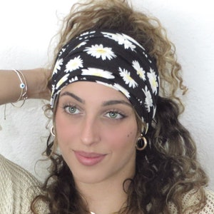 Floral Daisy Boho Headband, Black Headband, Wide Yoga Headband, Scrunch Headband, Running Headband, Wide Headband, Fitness Headband, Turban