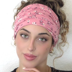 Pink Floral Headband, Boho Scrunchy Headband, Hippie Wide Headband, Yoga Headband, Tube Bandana Headband, Hair Accessories, Hair Scarf