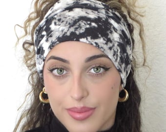 Diadema ancha estilo boho tie-dye, diadema con nudo negro y gris, diadema fruncida, diadema turbante, pañuelo ancho para el cabello, diadema elástica para yoga y ejercicio.